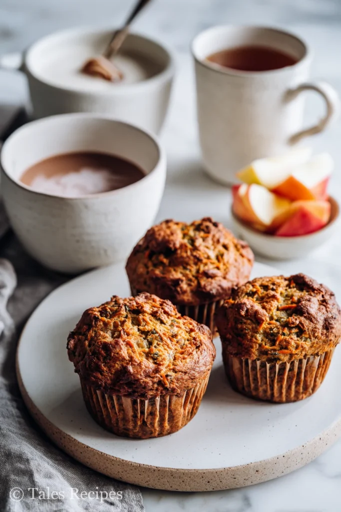 Carrot zucchini muffins on plate with mugs of tea and apple slices for pairing