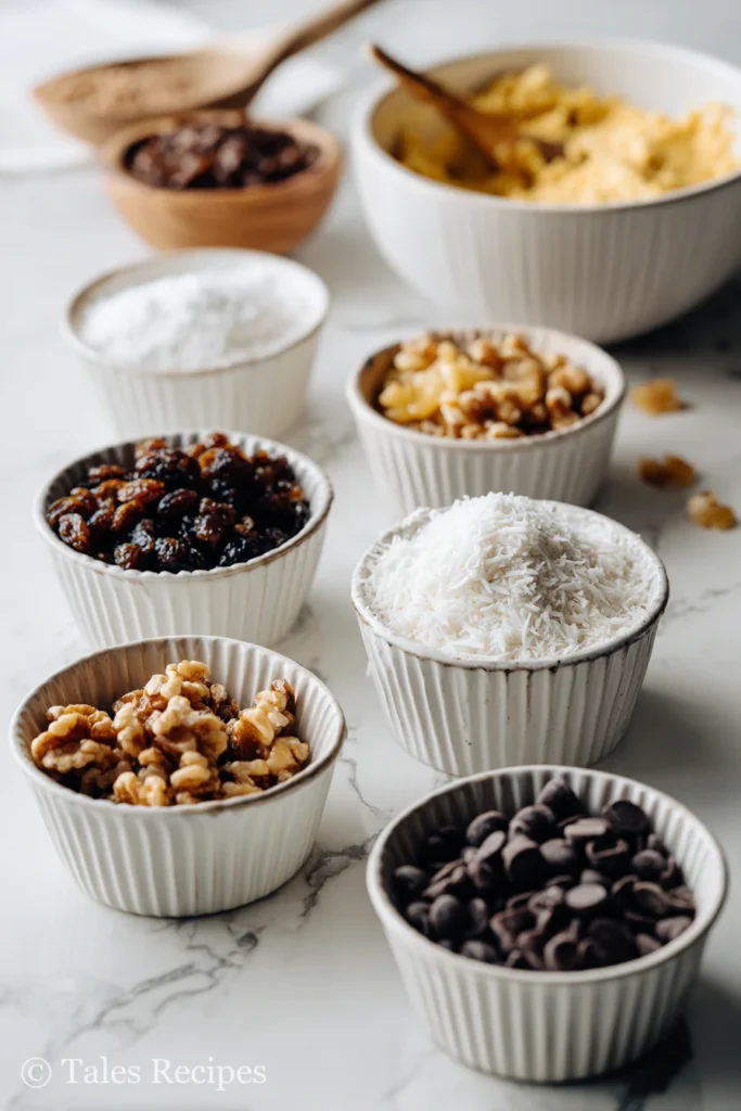 Bowls with mix-ins for carrot zucchini muffins like chocolate, walnuts, coconut, and raisins