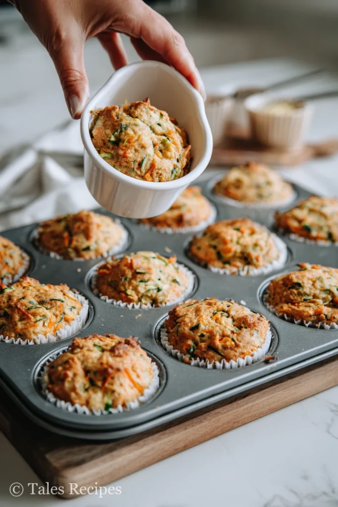 Scooping carrot zucchini muffin batter into lined muffin pans, showing colorful veggie pieces