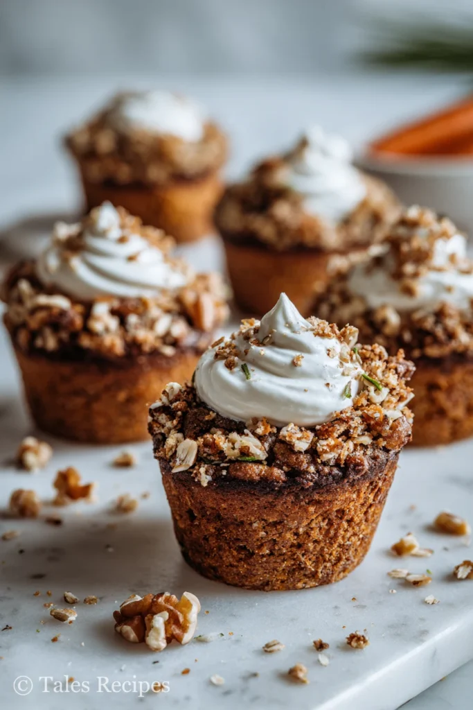 Carrot zucchini muffins decorated with streusel, oats, and yogurt swirl toppings