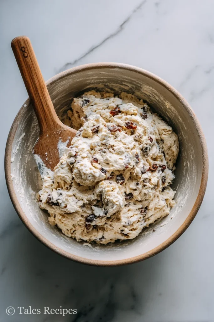 Bowl of cinnamon raisin cottage cheese bagel dough with visible raisins and cinnamon