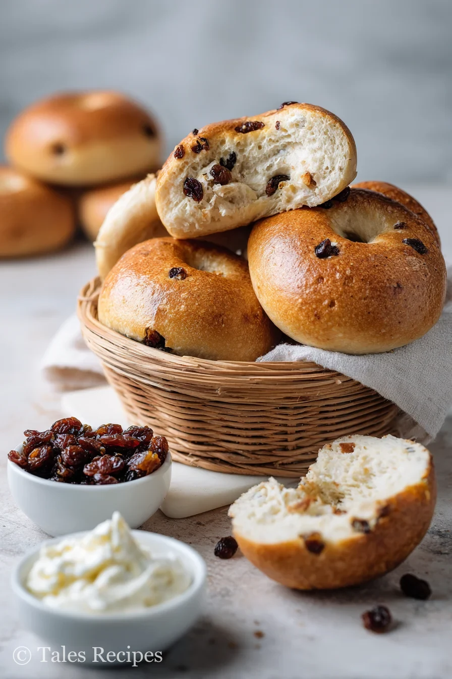 Cinnamon raisin cottage cheese bagels on marble with golden crust and visible raisins