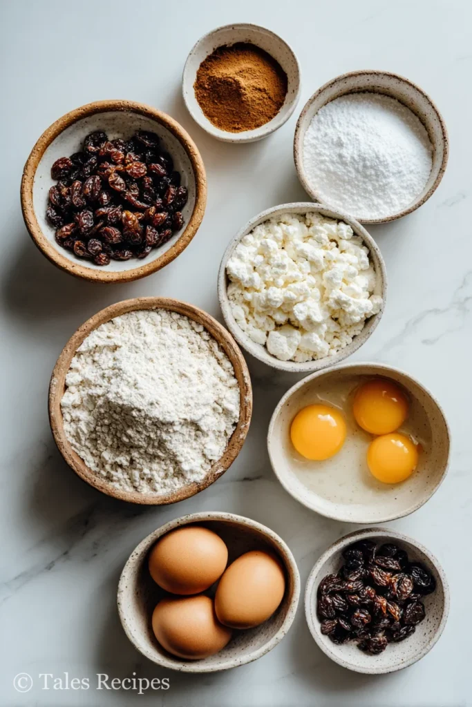 Ingredients for cinnamon raisin cottage cheese bagels including flour and cottage cheese