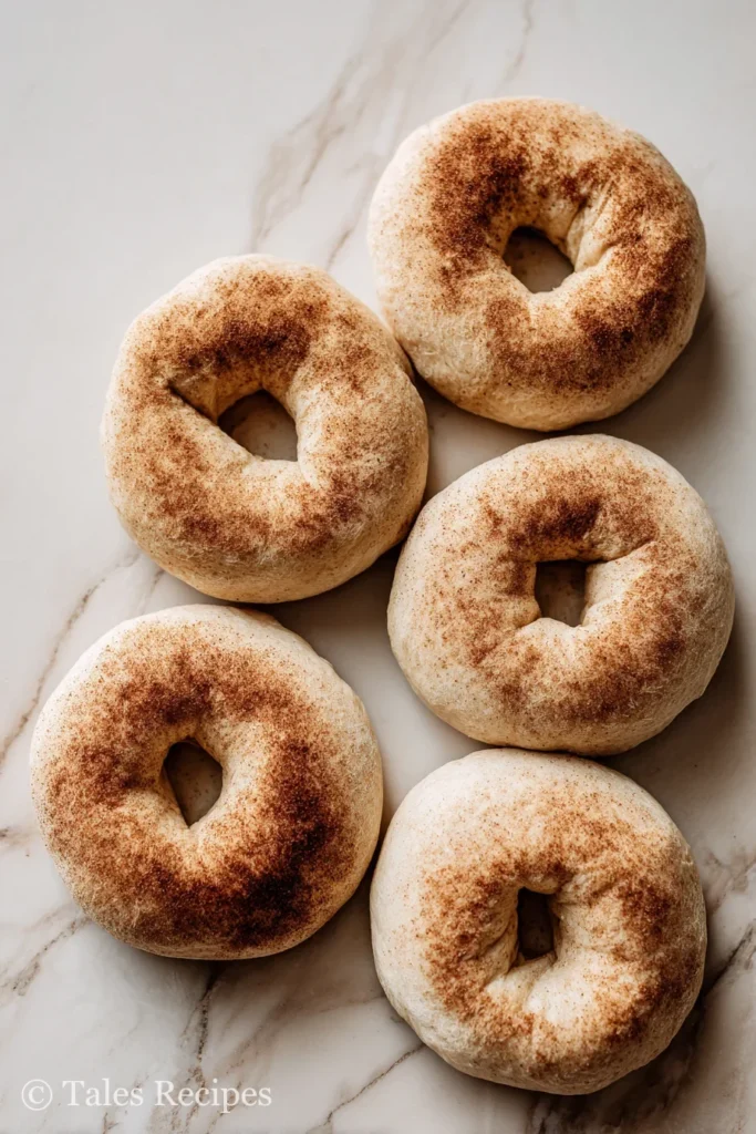 Unbaked cinnamon raisin cottage cheese bagel shapes ready for baking