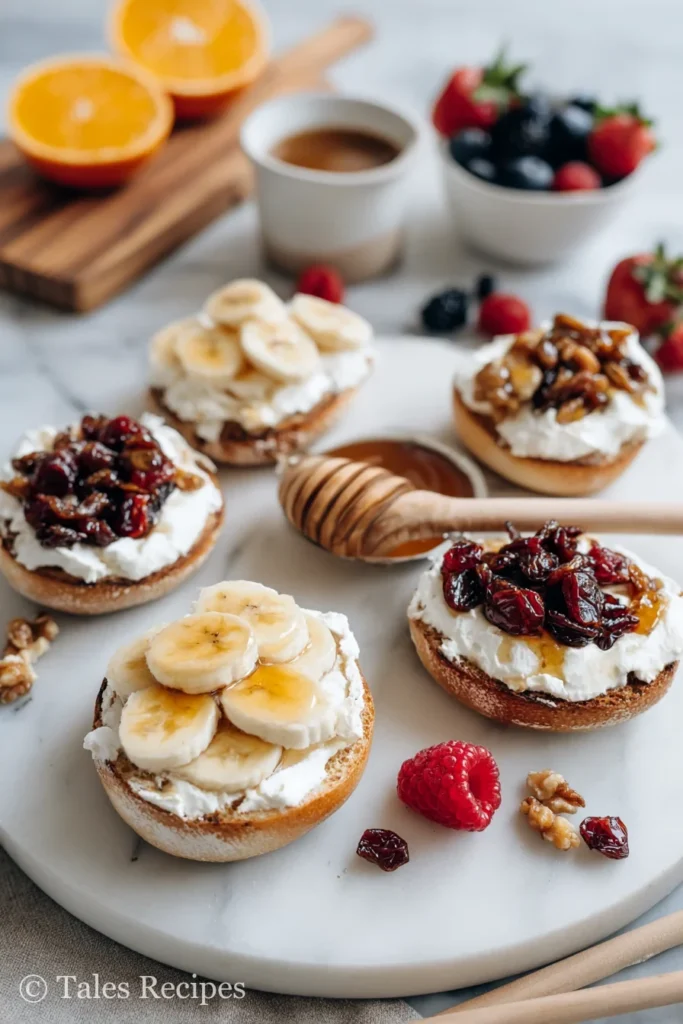 Sliced cinnamon raisin cottage cheese bagels with honey, cream cheese, and fresh fruit