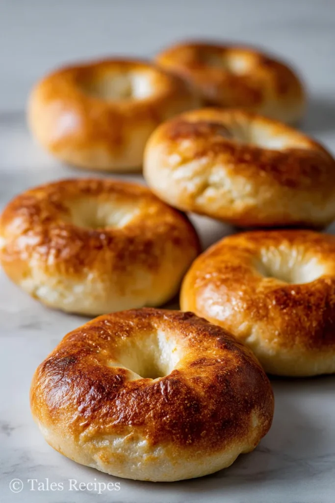 Golden classic cottage cheese bagels fresh out of the oven on marble