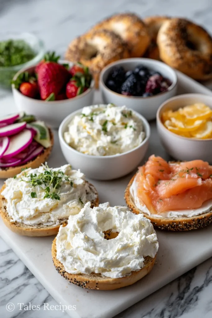 Classic cottage cheese bagels with assorted sweet and savory toppings on marble