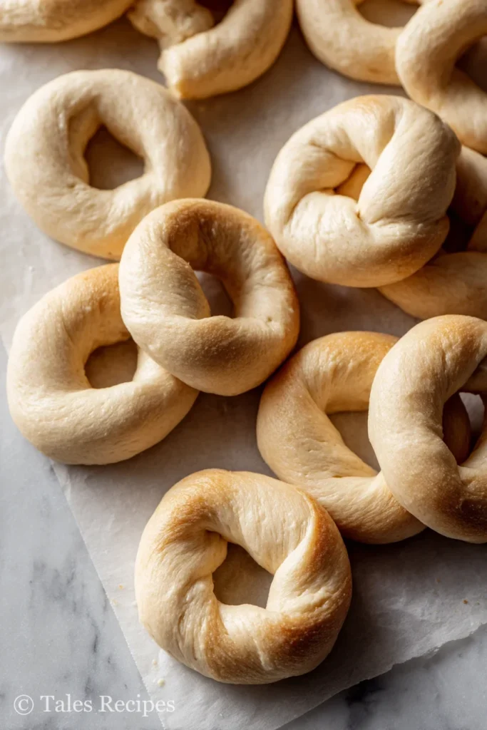 Classic cottage cheese bagel dough rings shaped on parchment for baking