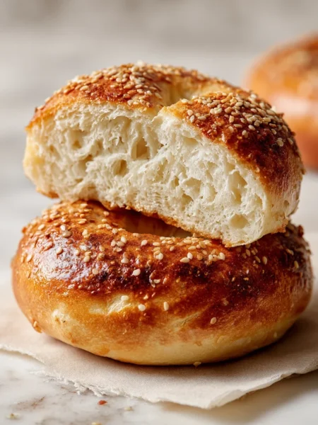 Freshly baked classic cottage cheese bagel sliced on marble with golden crust