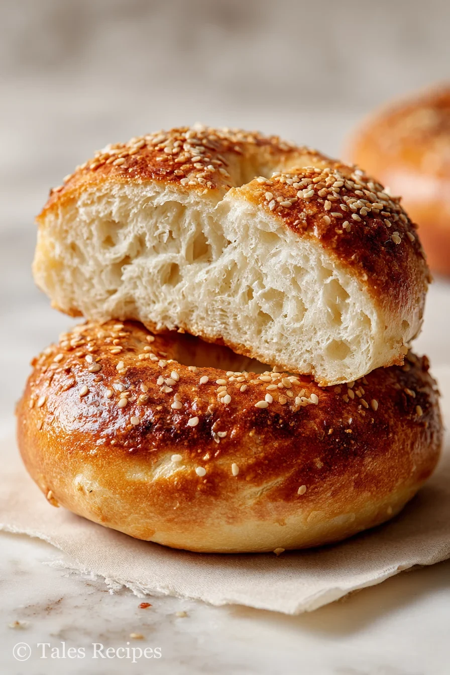 Freshly baked classic cottage cheese bagel sliced on marble with golden crust