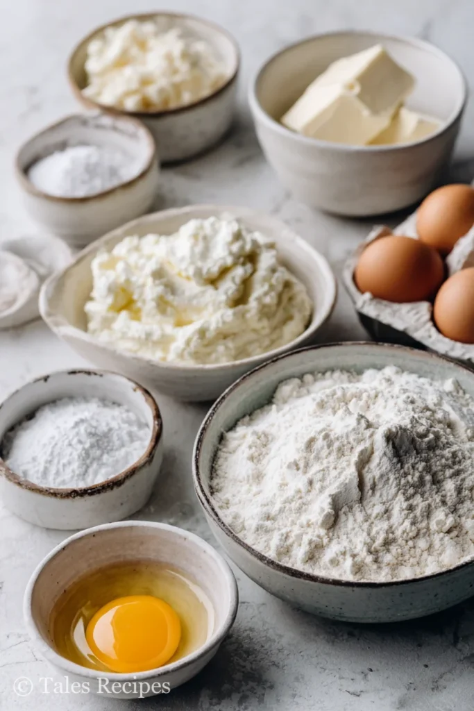 Classic cottage cheese bagel ingredients including flour, cottage cheese, egg on marble