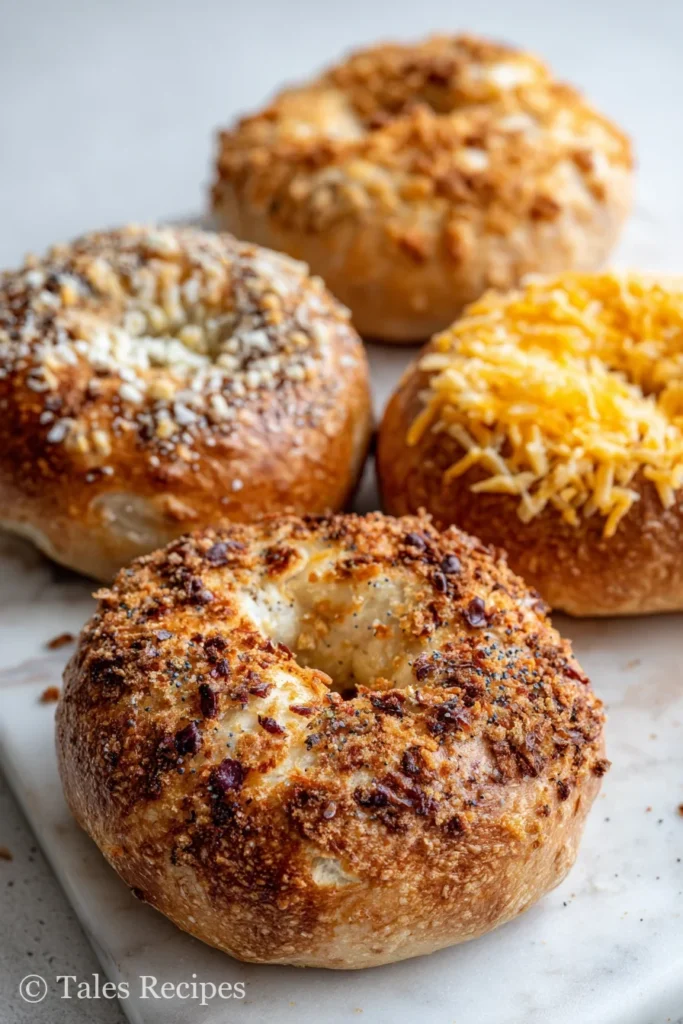 Classic cottage cheese bagel rounds topped with seeds, cheese, and cinnamon sugar