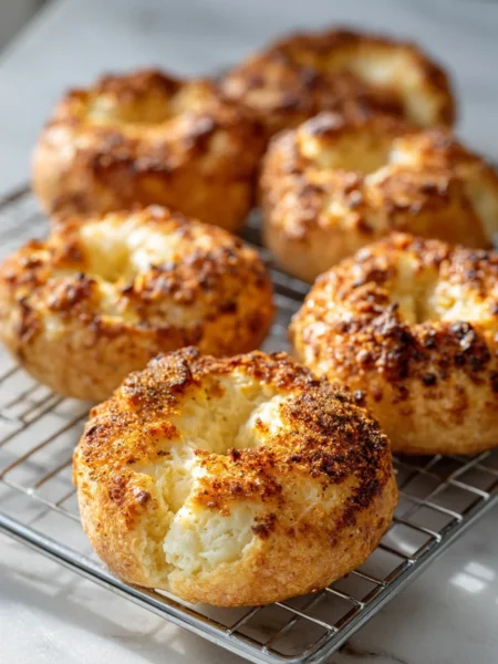 Freshly baked bagels using the cottage cheese bagel recipe TikTok trend cooling on marble background.