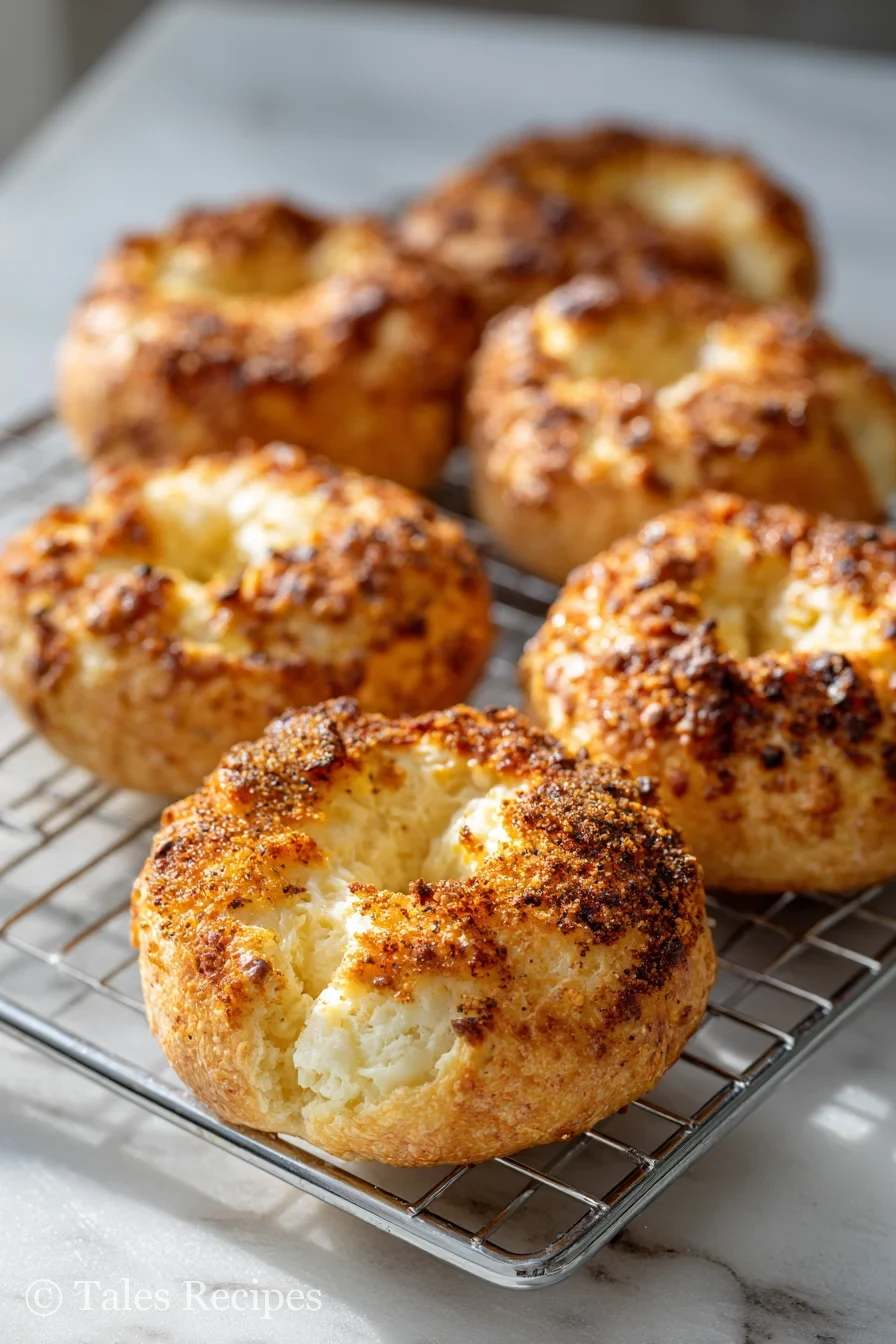 Freshly baked bagels using the cottage cheese bagel recipe TikTok trend cooling on marble background.