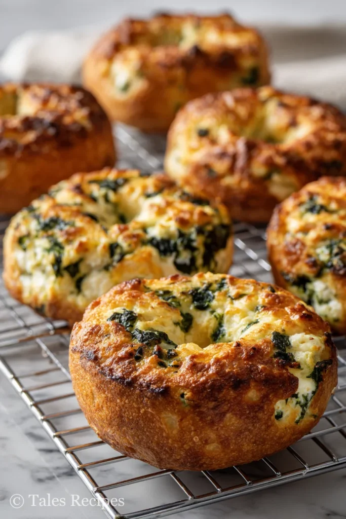 Wire rack of golden cottage cheese bagels with spinach highlighting crust and spinach inside