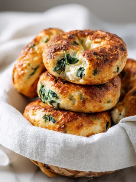 Basket of cottage cheese bagels with spinach featuring golden crusts and green flecks