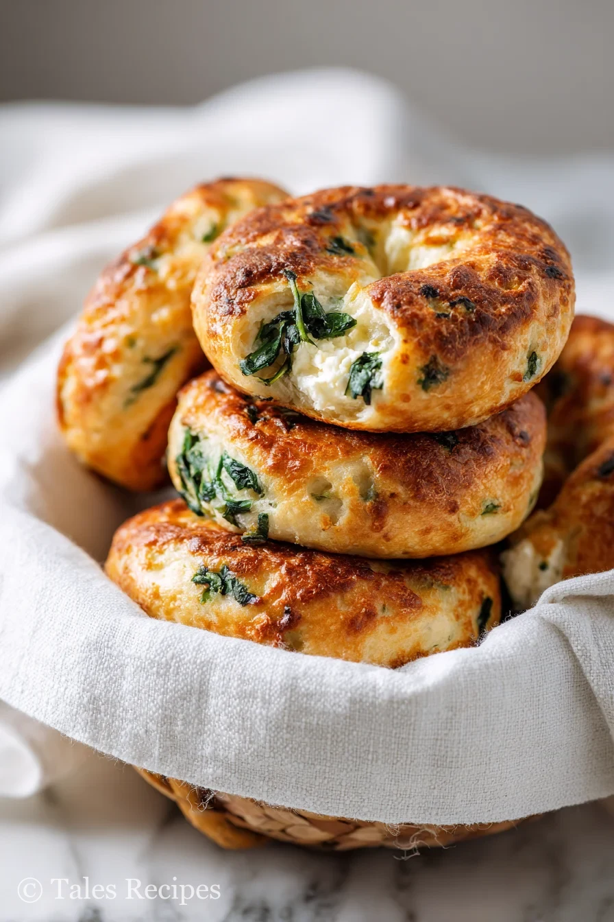 Basket of cottage cheese bagels with spinach featuring golden crusts and green flecks