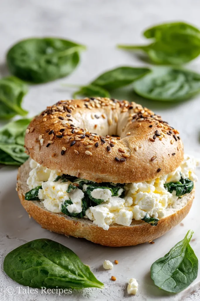 Sliced cottage cheese bagel with spinach showing nutritional highlights and fresh greens