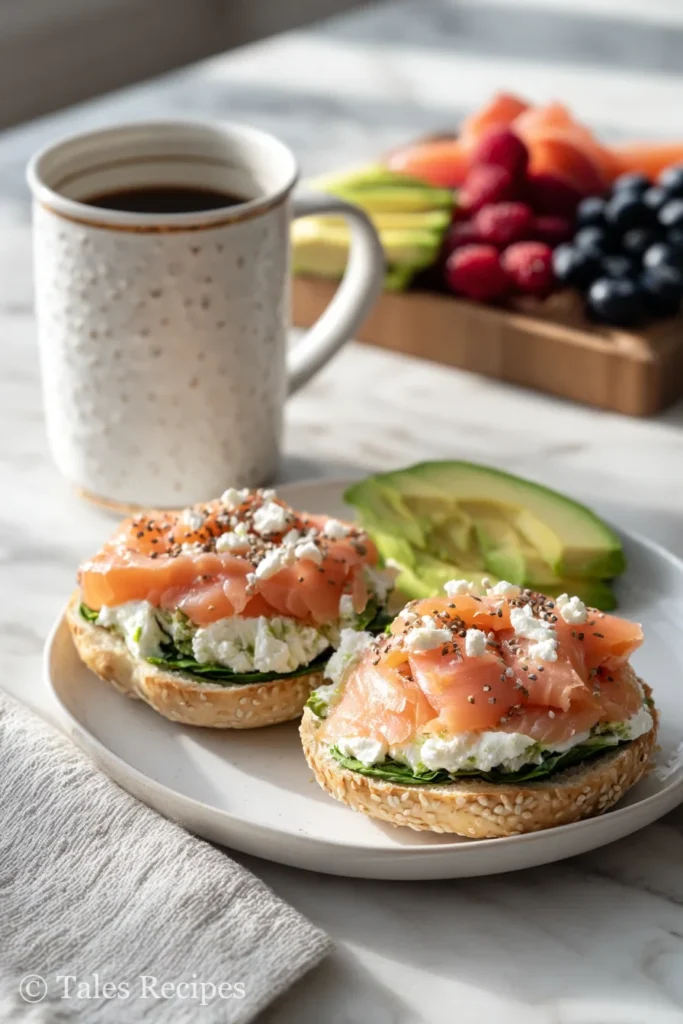 Serving plate of cottage cheese bagels with spinach with breakfast toppings and coffee