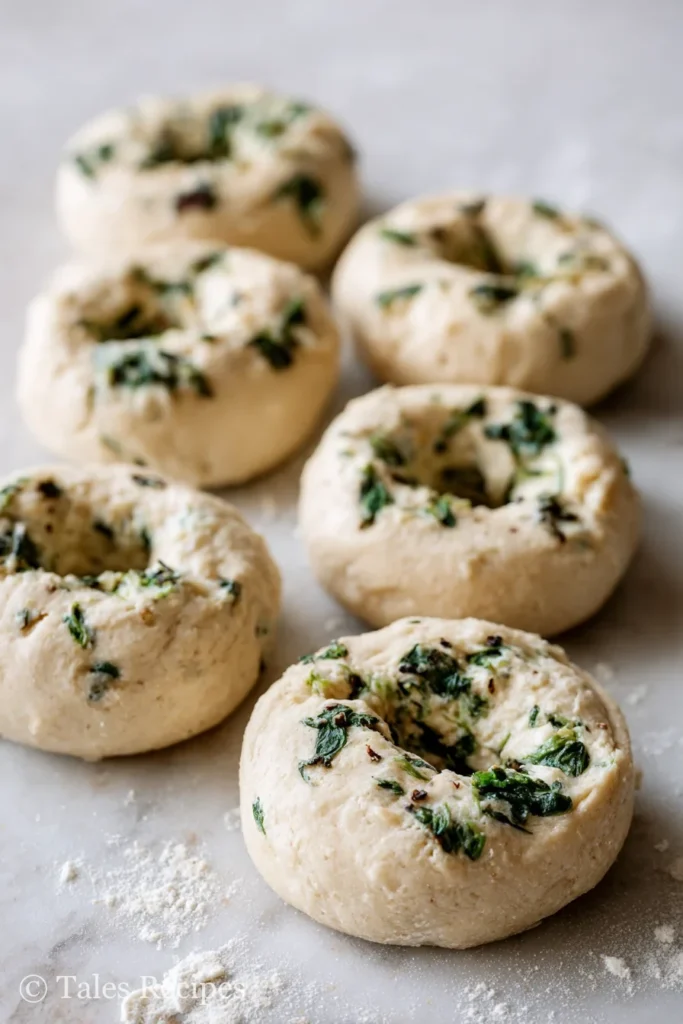 Rounds of spinach-studded dough being shaped into cottage cheese bagels