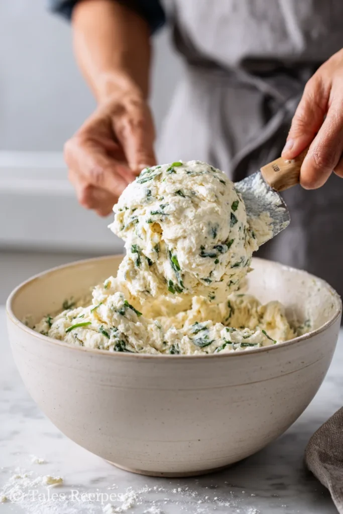 Dough for cottage cheese bagels with spinach being mixed, showing spinach flecks