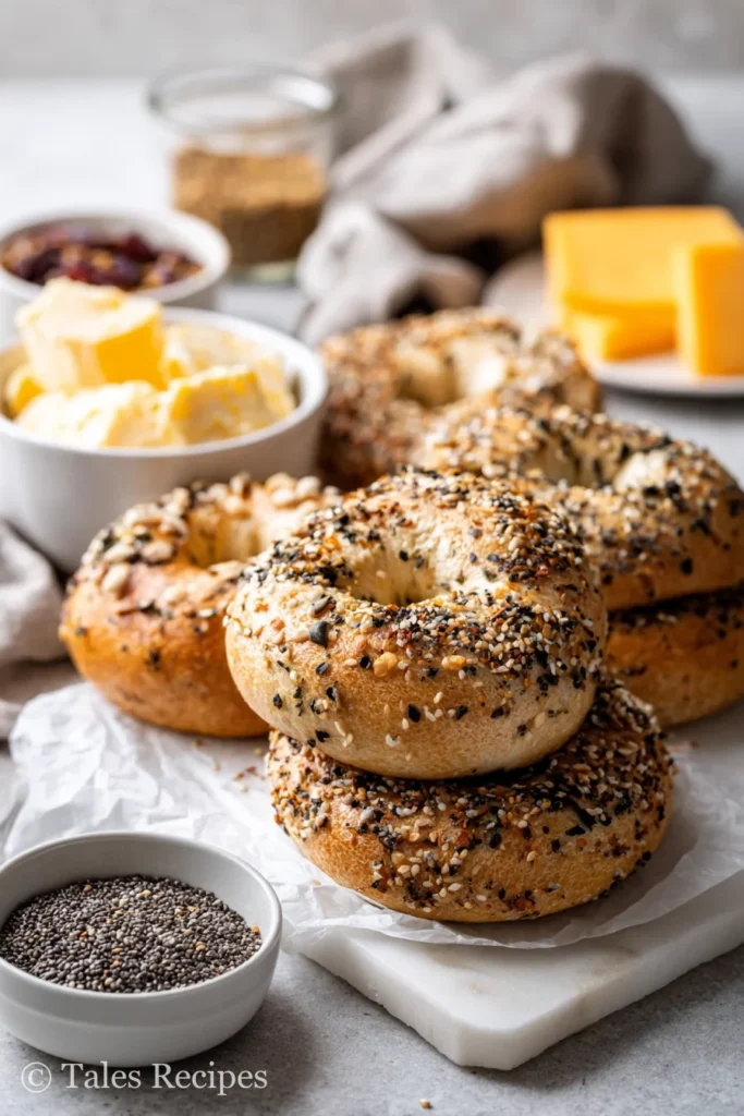 Selection of cottage cheese bagels with spinach with storage and topping options