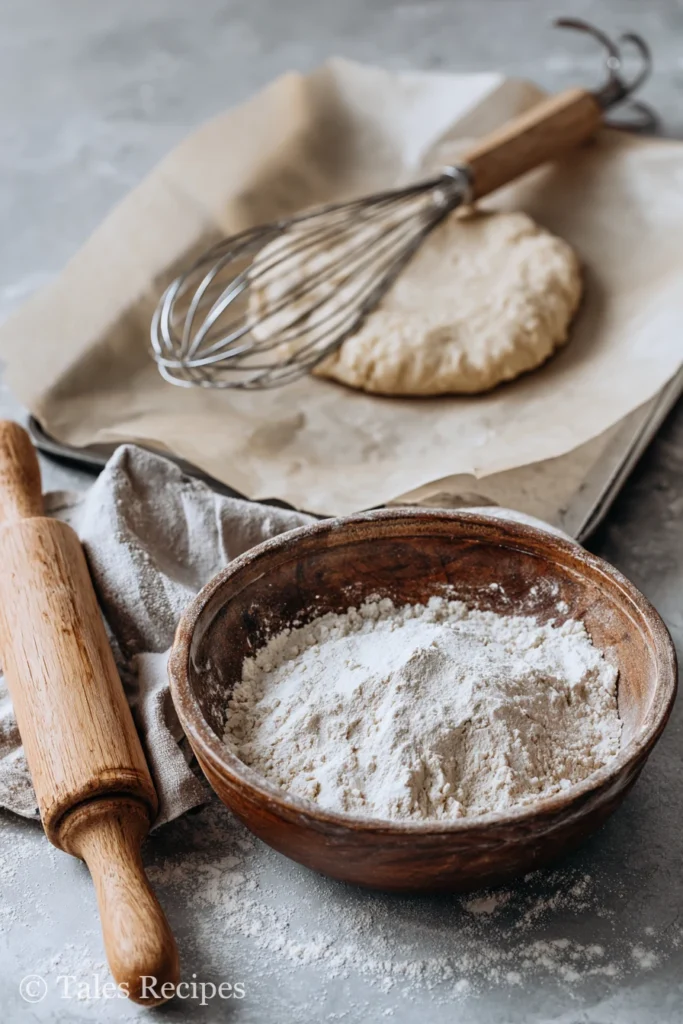 Essential mixing tools for cottage cheese pizza crust no flour recipe on marble countertop.