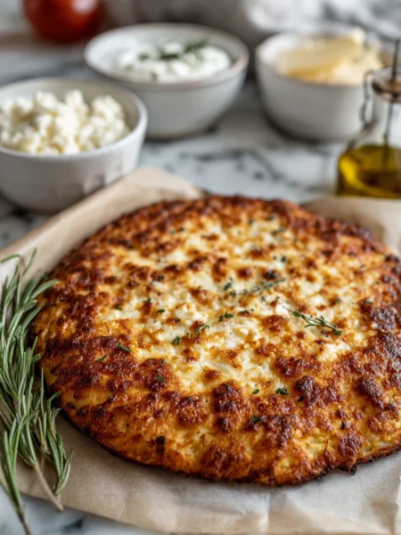 Featured image of cottage cheese pizza crust no flour on parchment, golden and rustic.