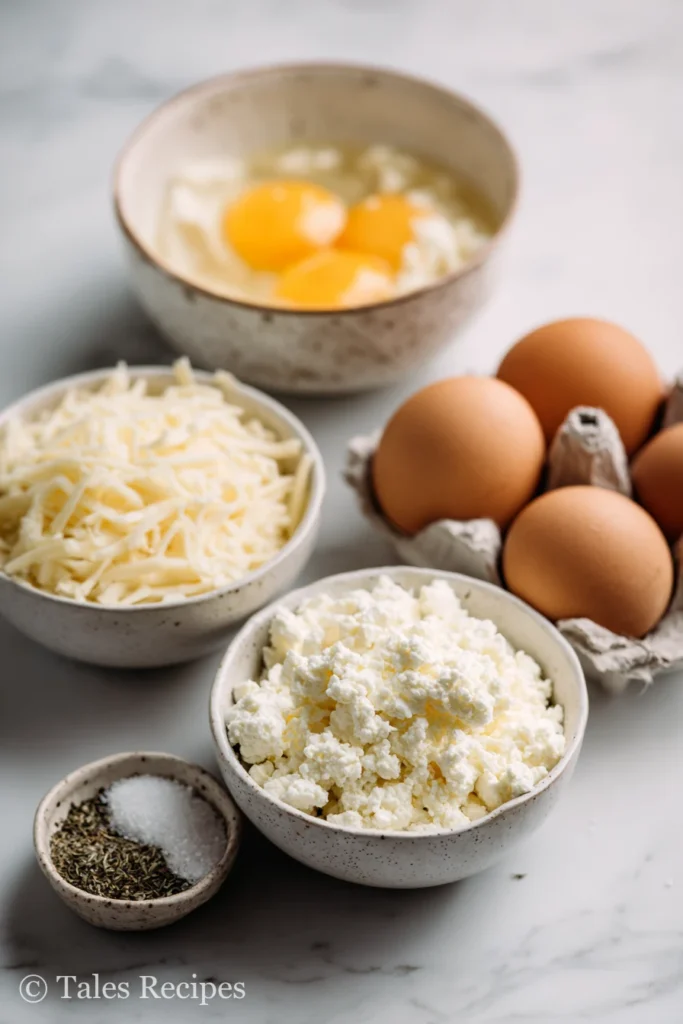 Five ingredients for cottage cheese pizza crust no flour: cottage cheese, mozzarella, eggs, and herbs.