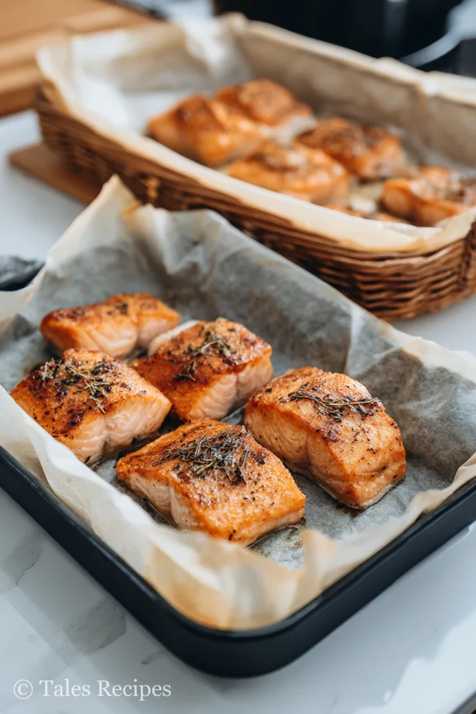 Golden salmon bites baking in oven and air fryer, both perfect for crispy bang bang salmon bites