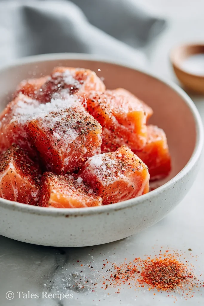 Salmon cubes coated with spices and cornstarch for crispy bang bang salmon bites