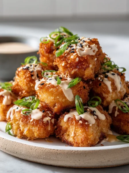 Crispy bang bang salmon bites with tangy sauce on a platter, garnished with green onions