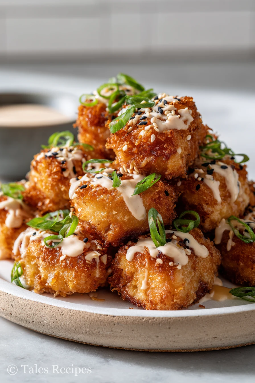 Crispy bang bang salmon bites with tangy sauce on a platter, garnished with green onions