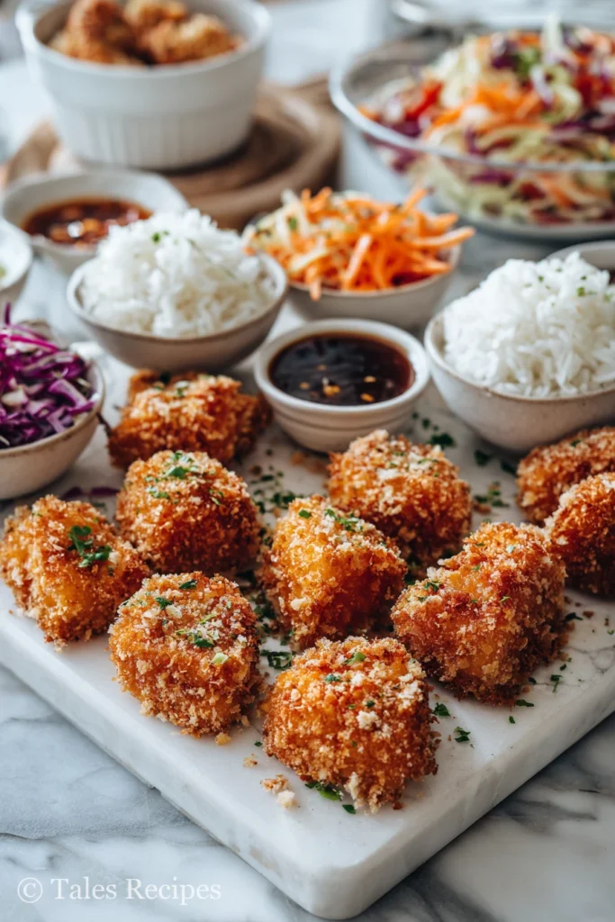 Crispy bang bang salmon bites served with rice and slaw for a family dinner