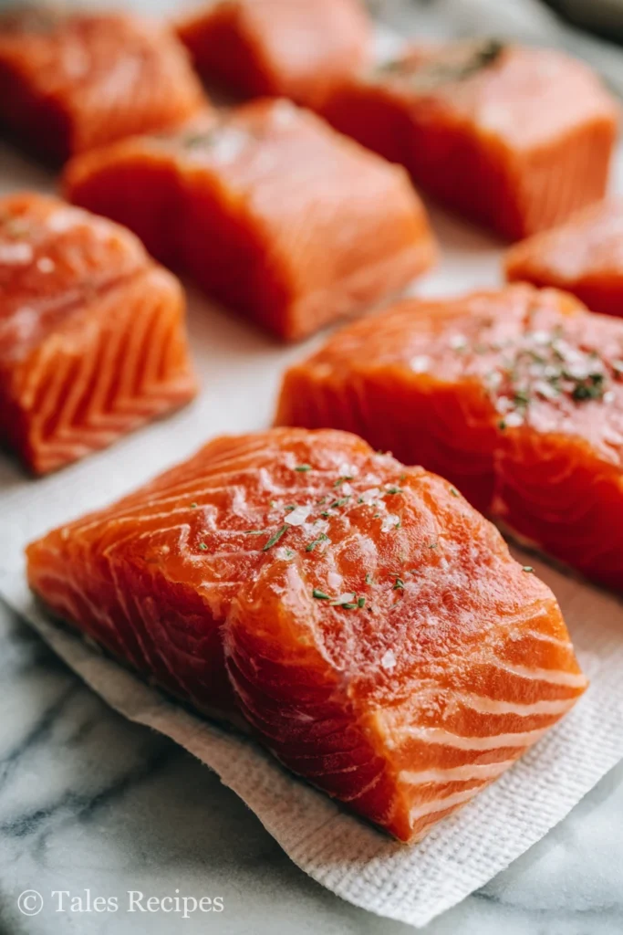 Preparing salmon cubes for crispy bang bang salmon bites on white marble