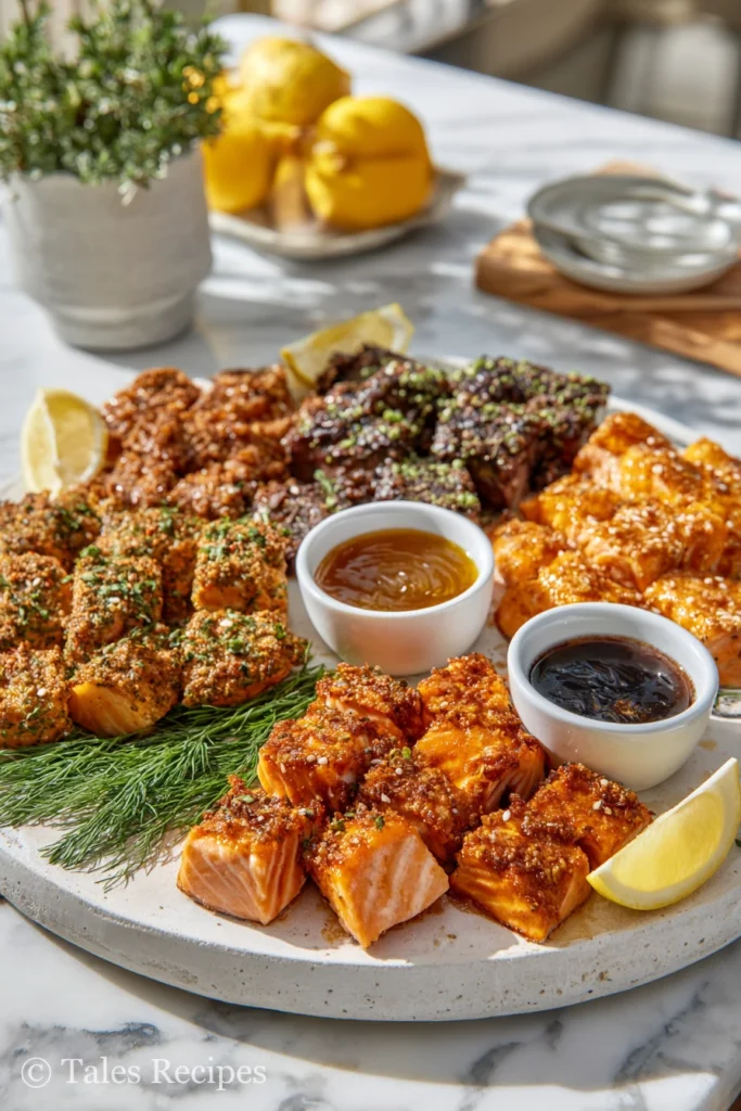 Platter with assorted crispy bang bang salmon bites and dip varieties for tasting