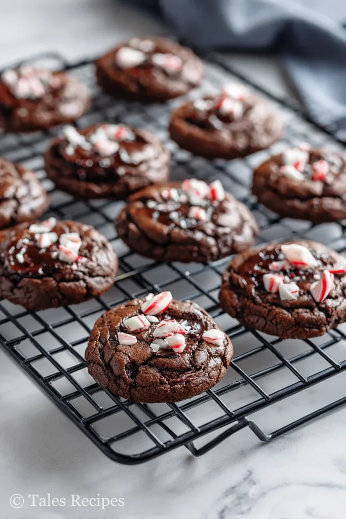 Freshly baked dark chocolate peppermint cookies recipe cooling on rack