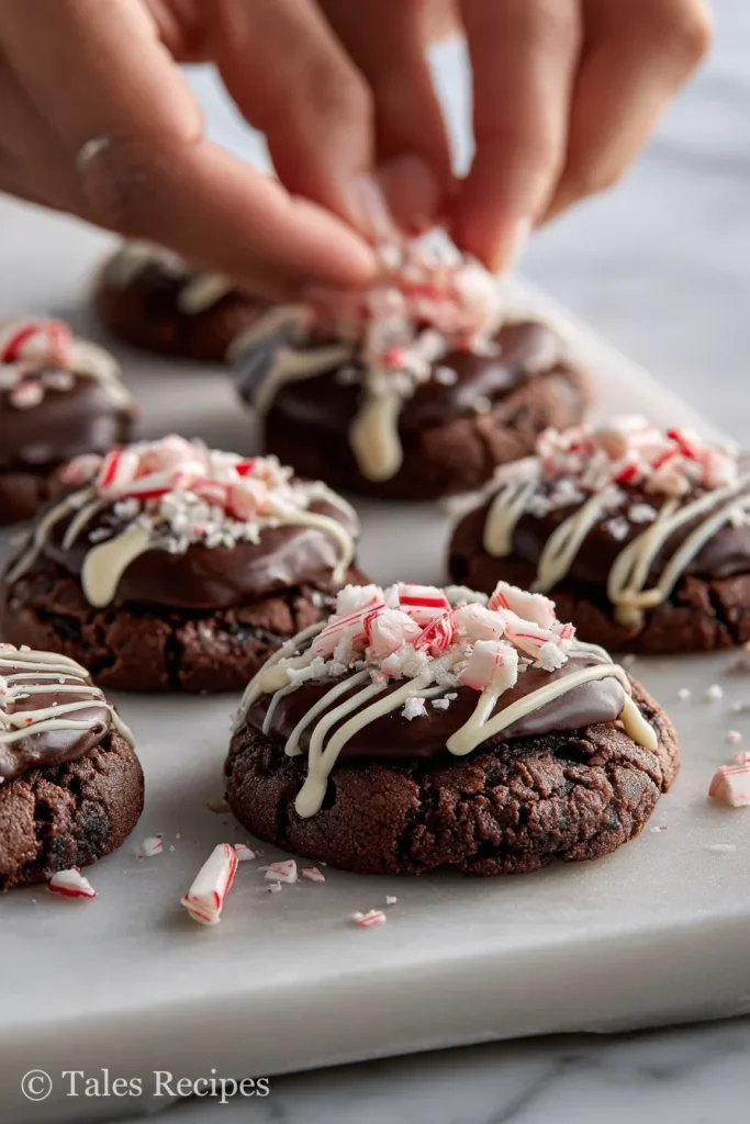 Decorated dark chocolate peppermint cookies recipe with drizzle and candy cane