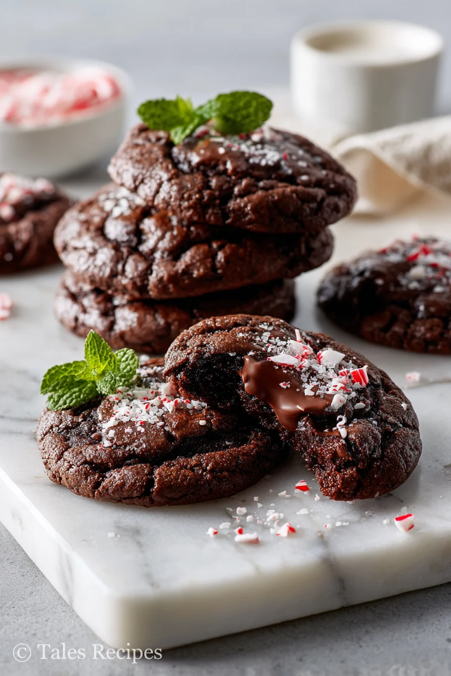 Platter of dark chocolate peppermint cookies recipe with festive peppermint decoration