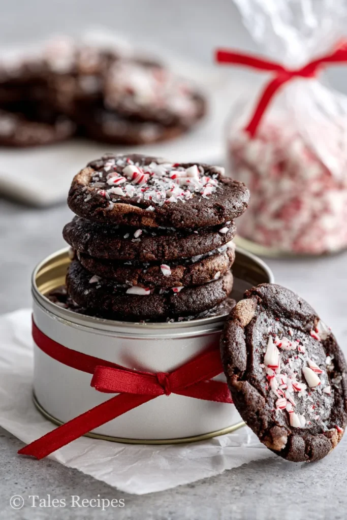 Dark chocolate peppermint cookies recipe packed for gifting in a festive tin