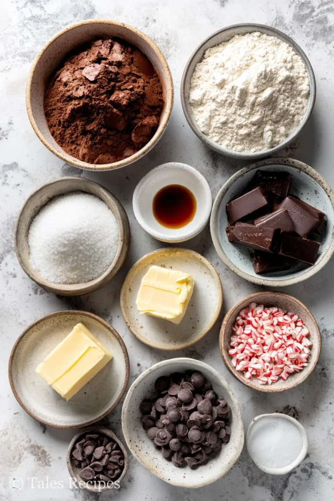 Essential ingredients for dark chocolate peppermint cookies recipe laid out neatly