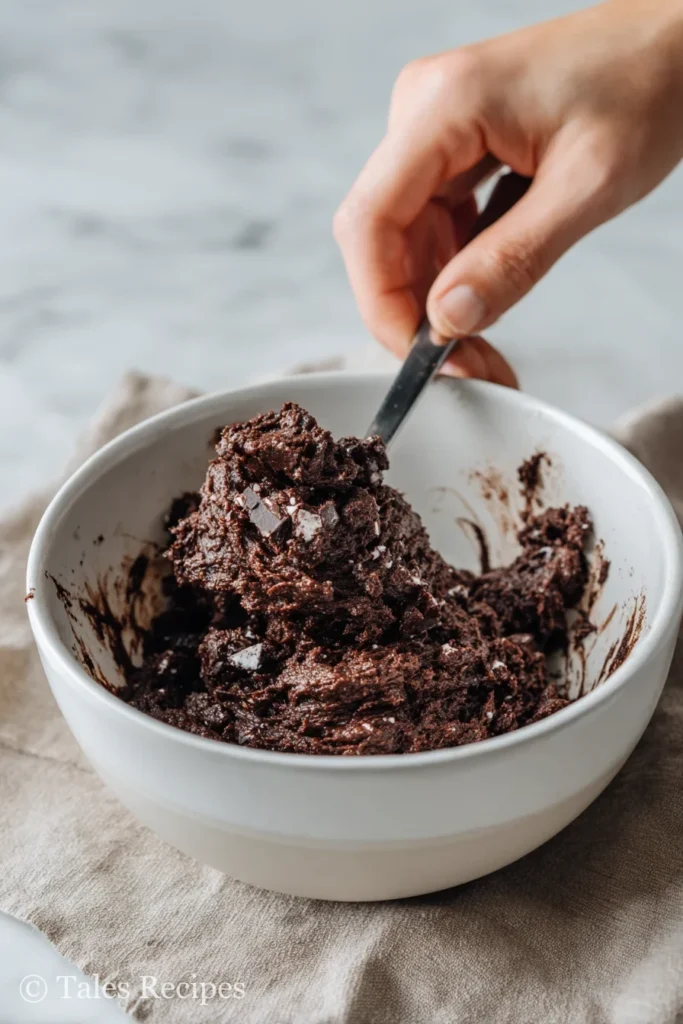 Mixing bowl with dark chocolate peppermint cookies recipe dough being stirred