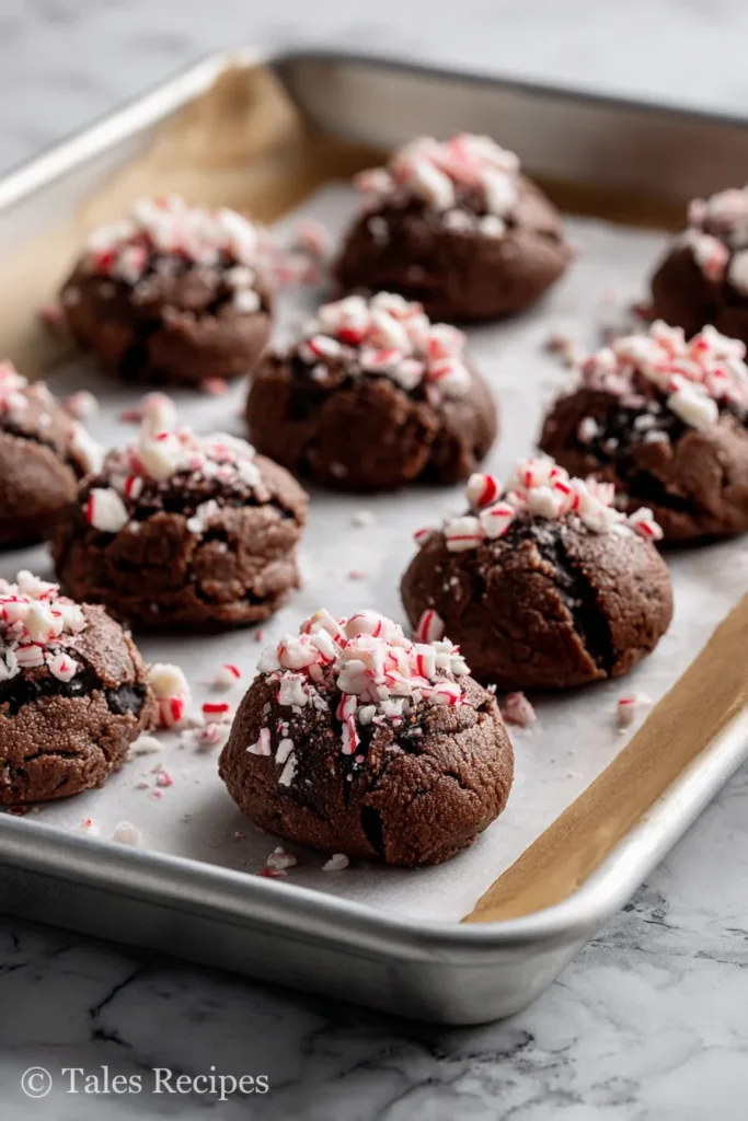 Scooped dough ready for dark chocolate peppermint cookies recipe on baking sheet