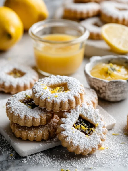 Traditional linzer cookie recipe with lemon curd displayed on a white marble background.
