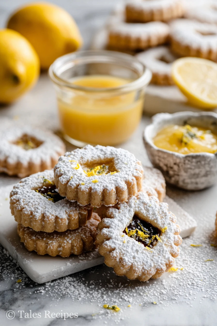 Traditional linzer cookie recipe with lemon curd displayed on a white marble background.