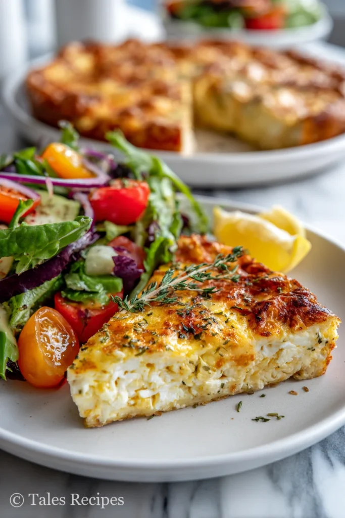 Cottage cheese egg pizza crust slices served with salad and fresh vegetables.