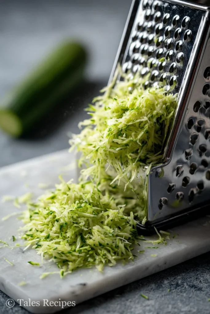 Close up of grated zucchini for vegan zucchini muffins on marble surface