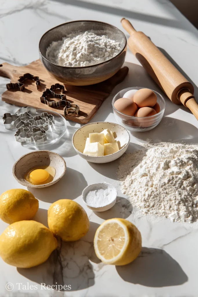 Traditional linzer cookie recipe ingredients with lemons, flour, butter, and baking tools.