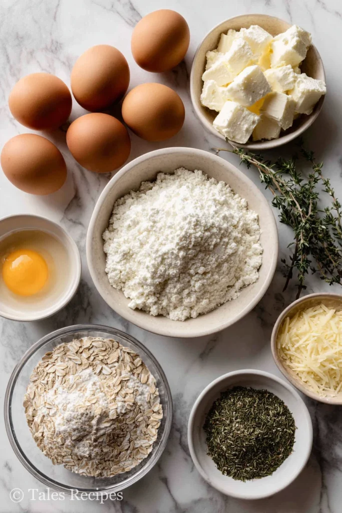 Essential ingredients for cottage cheese egg pizza crust arranged on marble surface.