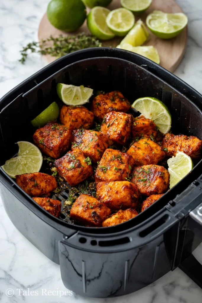 Chili-lime seasoned keto flavored salmon bites in air fryer basket